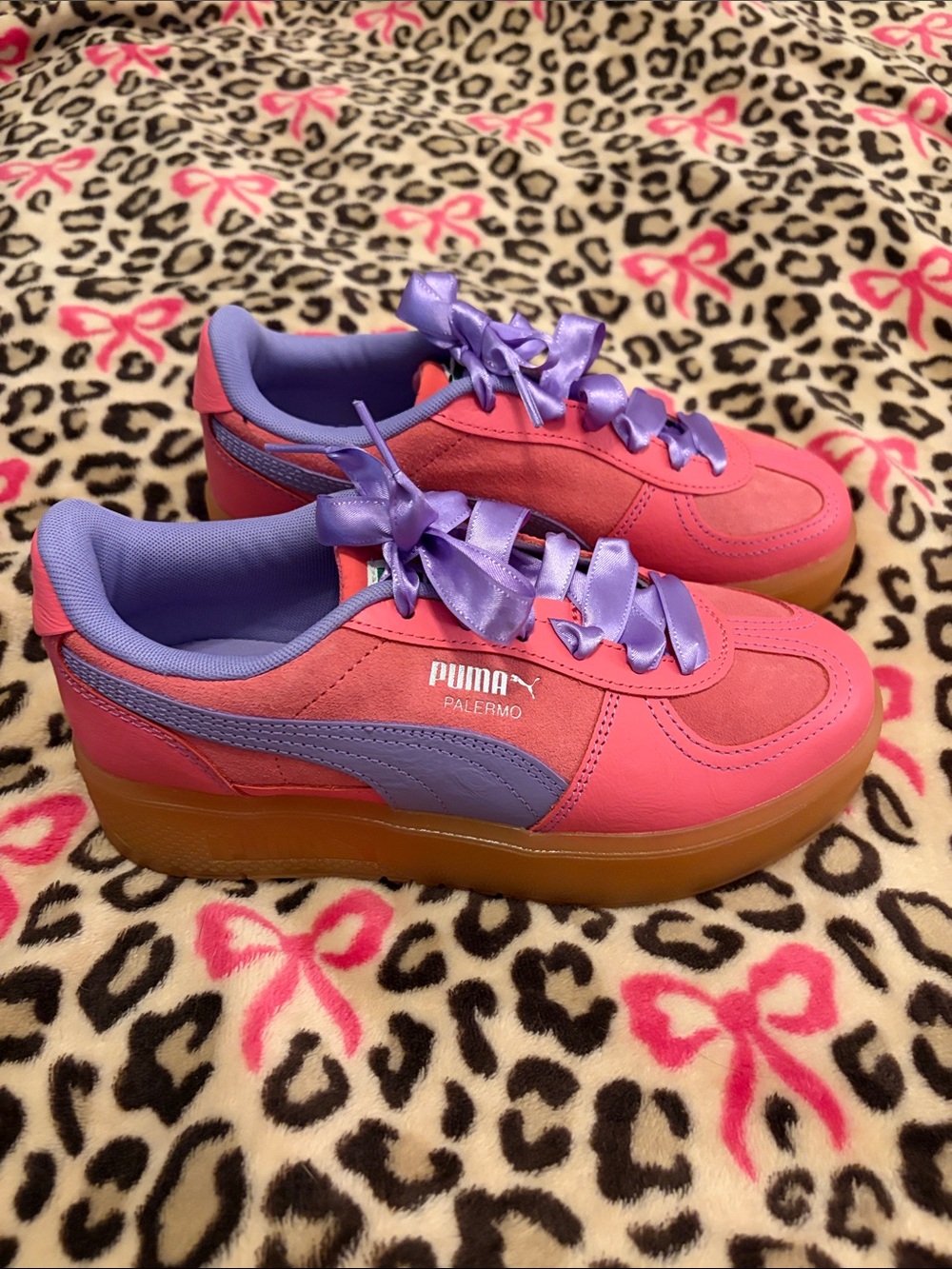 Puma Palermo Pink and Lavender Satin Lace Platform Sneakers